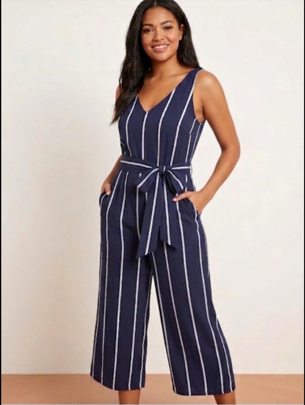 NWOT Boohoo Navy Blue Jumpsuit with White Vertical Stripes, Crop Length, Sz 10